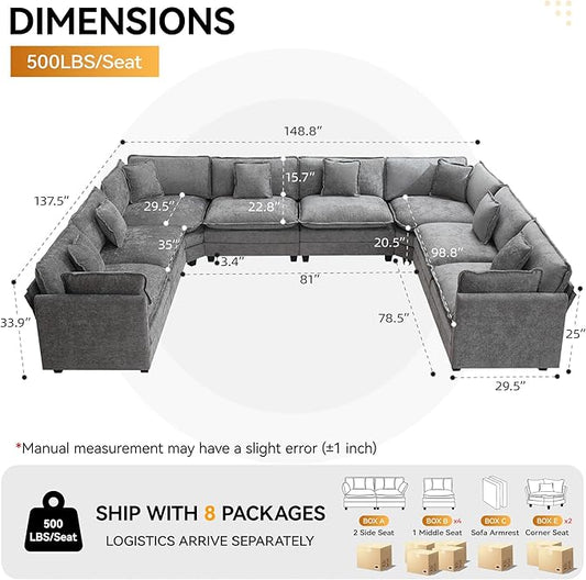 147'' Oversized U Shaped Cloud Sectional Sofa, Chenille Deep Seat Couches for Living Room, Comfy Upholstered Modular Sectional Sofa Couch, Grey