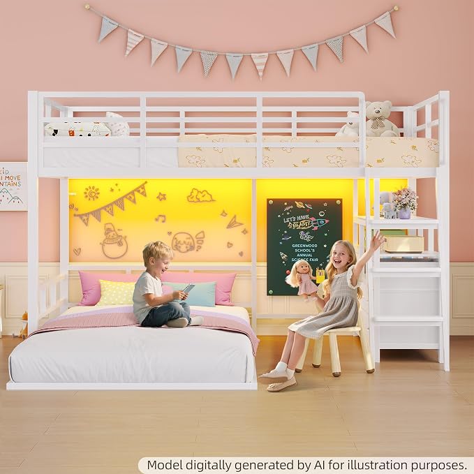 busyaeh Bunk Bed Twin Over Twin,Low Bunk Bed with 8 Drawers & 4 Shelves & 15" H Safety Guardrail,Metal L-Shaped Twin Bunk Bed with LED Lights and Charging Station,Floor Bunk Beds with Ladder,White