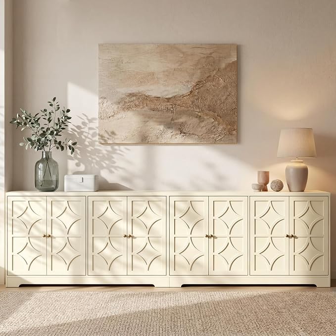 RoyalCraft 112'' Sideboard Buffet Cabinet with Storage, Modern Sideboard with 4 Carved Doors and Adjustable Shelves, Large Wood Coffee Bar Console Table for Kitchen, Dining Room, Beige