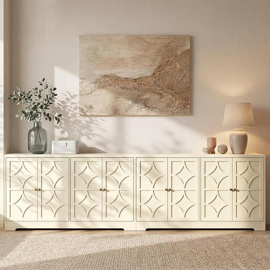 RoyalCraft 112'' Sideboard Buffet Cabinet with Storage, Modern Sideboard with 4 Carved Doors and Adjustable Shelves, Large Wood Coffee Bar Console Table for Kitchen, Dining Room, Beige