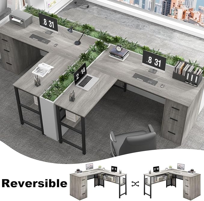LVB Reversible L Shaped Desk with Drawers, Grey Computer Desk with Storage | 59" Adjustable Modern Executive Office Desks, Adjustable Corner Design for Gaming Spaces and Home Workstations