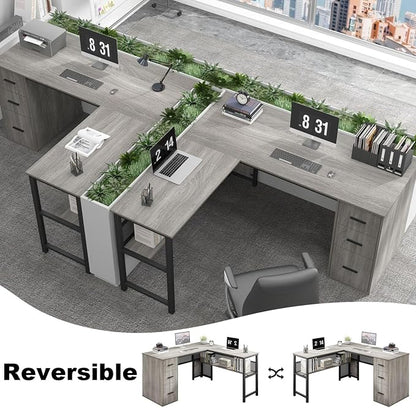 LVB Reversible L Shaped Desk with Drawers, Grey Computer Desk with Storage | 59" Adjustable Modern Executive Office Desks, Adjustable Corner Design for Gaming Spaces and Home Workstations