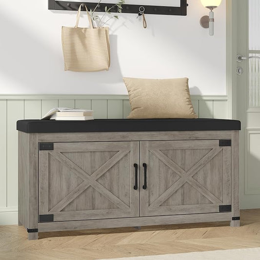 Hzuaneri Shoe Storage Bench, 2 Tier Shoe Bench with Padded Seat Cushion & 2 Barn Doors, Entryway Bench with Adjustable Shelf, Farmhouse Shoe Cabinet for Living Room, Bedroom, Greige SB26605BK
