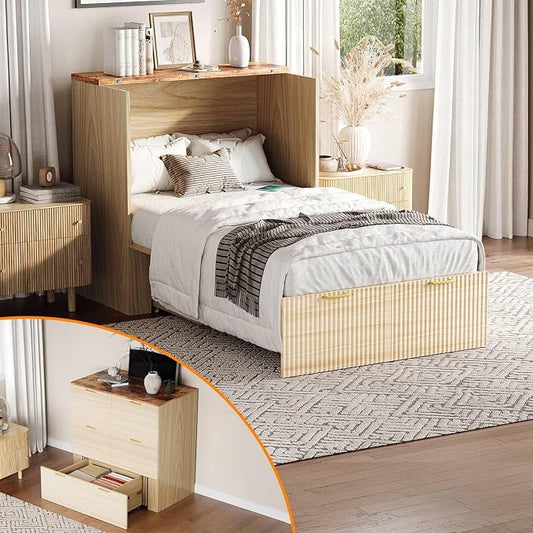VINGLI Twin Murphy Bed with Storage Drawer,Fluted Wooden Foldable Bed Cabinet with Charging Station,Boho,Hideaway Paltform Panel Bed for Small Spaces,Guest Room,Office,Apartment,Beige