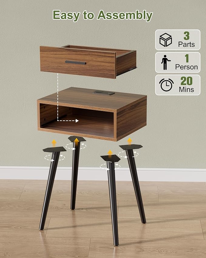 HAIOOU Nightstands Set of 2 with Charging Station, Mid Century Modern Bedside Table, End Table with Drawer Storage, Solid Pine Wood Legs, Walnut Night Stand for Bedroom Living Room