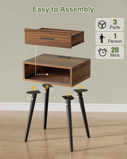 HAIOOU Nightstands Set of 2 with Charging Station, Mid Century Modern Bedside Table, End Table with Drawer Storage, Solid Pine Wood Legs, Walnut Night Stand for Bedroom Living Room