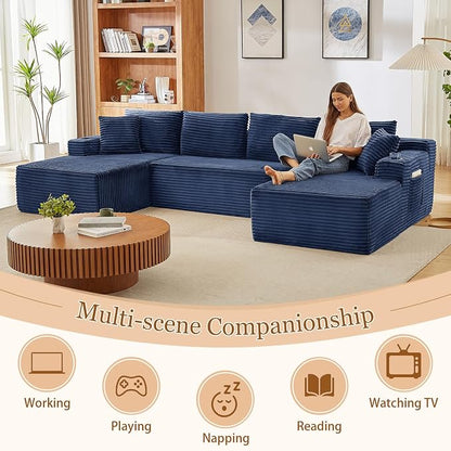 134 Inch Modular Sectional Sleeper Sofa, Boneless Cloud Couch for Living Room, U Shaped 5 Seat Sofa with 2 Storage Pockets& 2 Cup Holders, Free Combination, No Assembly Required (Blue)