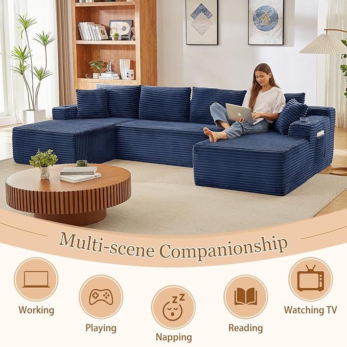 125" Modular Sectional Sleeper Sofa, Boneless Cloud Couch for Living Room, U Shaped 5 Seat Sofa with 2 Storage Pockets& 2 Cup Holders, Free Combination, No Assembly Required (Blue, 125")