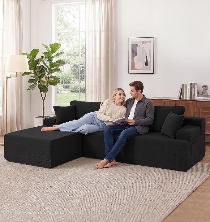 Hobestluk Modular Sectional Sofa Couches L-Shape Couch 3 Seat Modular Sofa Memory Foam Sectional Couches for Living Room, Cloud Couch with Oversized Chaise (Black Smooth, 96", Left Hand Facing)