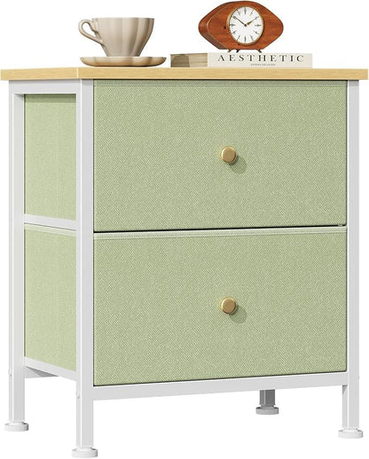 Sweetcrispy Nightstand with 2 Storage Drawers, Small Bedside Table | 20" Height End Table, Wooden Top Fabric Cabinet for Bedroom, Furniture, Closet, College Dorm, Light Green