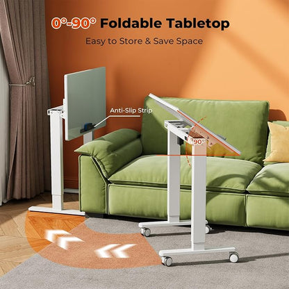 32" Glass Standing Desk,90°Tilt Whiteboard Electric Drafting Table | White Foldable One-piece Electric Height Adjustable Drawing Table with 4 Lockable Wheels, Small Portable Rising Workstation