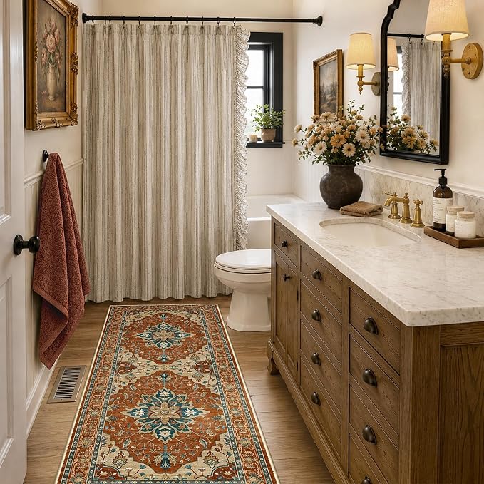 RELEANY Area Rugs Runner 2'x6' Washable Non-Slip, Floral Vintage Distress Medallion Carpet for Kitchen Hallway Bedroom Beside Laundry Room Bathroom, Red Orange Blue Brown