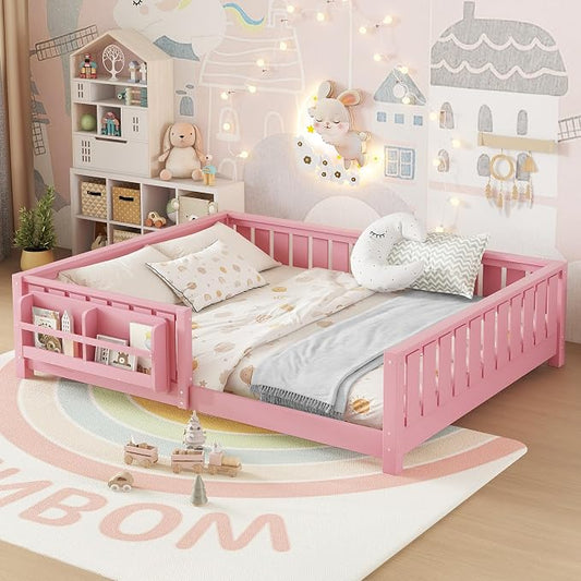 Bellemave Queen Size Floor Bed with Slats and Safety Guardrail, Queen Size Montessori Floor Bed with Fence and Built-in Bookshelf, Easy Assemble Montessori Beds for Girls, Boys, Pink