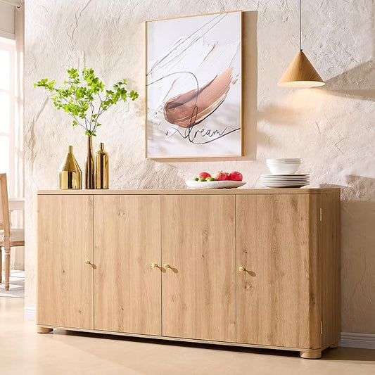 IFGET Curved Buffet Cabinet with Doors, 66" Large Sideboard Buffet Storage Cabinet with 4 Doors and Shleves, Modern Coffee Bar Station Wood Kitchen Table for Kitchen, Dining Room, Natural