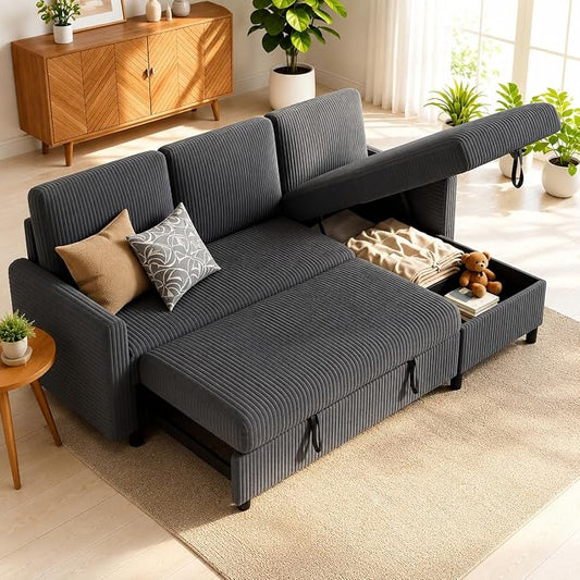 77" Pull Out Sleeper Sofa Bed with Storage Chaise, L-Shaped Corduroy Sectional Couch, 3-Seater Convertible Sofa Bed for Small Space, Apartment & Guest Room, Pet-Friendly & Easy Assembly, Dark Grey