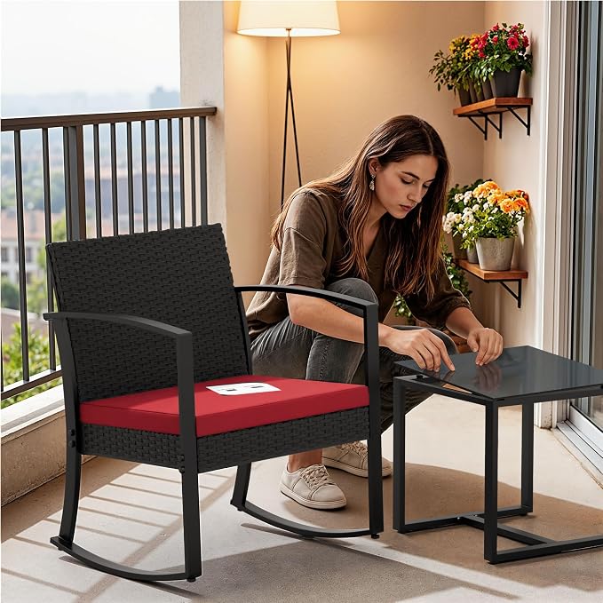 Homall Patio Furniture Set 3 Piece Resin Outdoor Bistro Set Rocking Patio Chairs with Cushions and Table for Porch, Poolside, Balcony and Yard (Red)