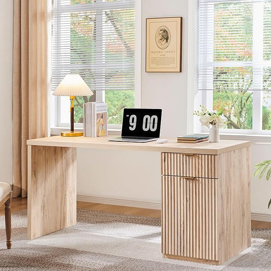 60" Fluted Office Home Desk, Reversible Left‑Right Cabinet, Built‑in Outlet | Reversible design lets you fix the cabinet on left‑hand or right‑hand side to fit your room layout