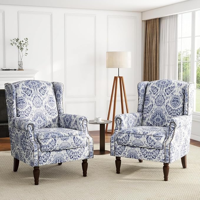 High Back Accent Chairs Set of 2, Fabric Wingback Chair Floral Upholstered Armchair for Living Room, Retro Comfy Single Sofa Bedroom Reading Seat with Solid Wood Legs - Navy