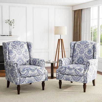 High Back Accent Chairs Set of 2, Fabric Wingback Chair Floral Upholstered Armchair for Living Room, Retro Comfy Single Sofa Bedroom Reading Seat with Solid Wood Legs - Navy
