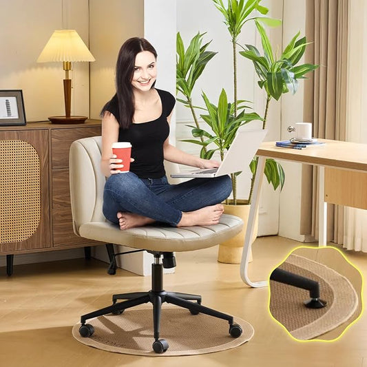 VINGLI Criss Cross Legged Chair,Wide Comfy Office Desk Chair,Dual-Use with/no Wheels Computer Task Chair,Swivel Armless Vanity Rolling Chair for Study,Make Up,Home Office,Cat Scratch PU Leather,Khaki