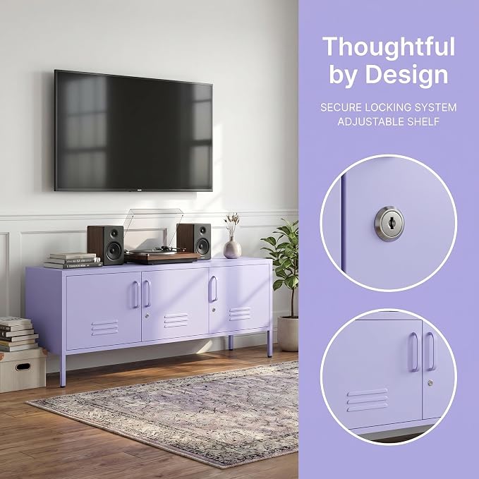 3 Door Lockable Metal TV Stand Storage Cabinet with Accent Cabinet Locker, Wide Heavy Duty Media Console for Large 100+ Inch TVs, Home Office Entertainment Center, Purple 22"H X 47.3"W X 13.8"D