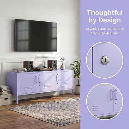 3 Door Lockable Metal TV Stand Storage Cabinet with Accent Cabinet Locker, Wide Heavy Duty Media Console for Large 100+ Inch TVs, Home Office Entertainment Center, Purple 22"H X 47.3"W X 13.8"D