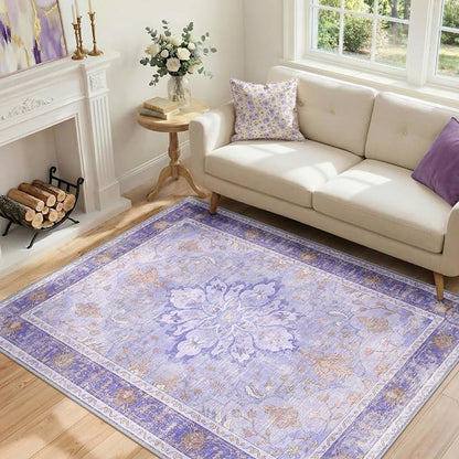 RELEANY Area Rugs 4'x5' Washable Non-Slip, Floral Vintage Distress Medallion Carpet for Living Room Bedroom Dining Room, Light Purple Brown