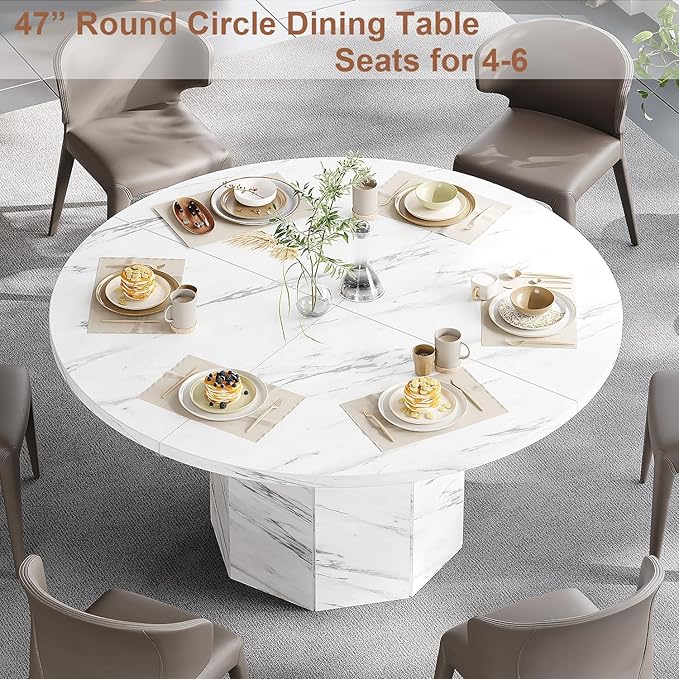 HSH Round Dining Table for 4-6, 47” White Faux Marble Dinner Table only, Modern Circle Kitchen Table for Home Living Room, Industrial Wood Dining Room Table with Octagon Base, White Marble