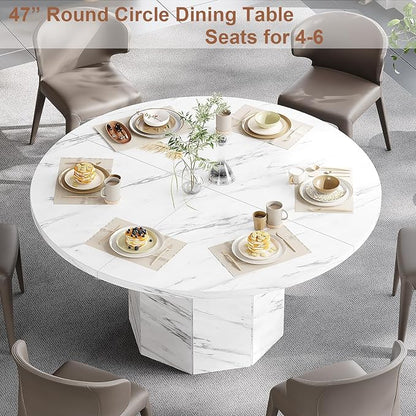 HSH Round Dining Table for 4-6, 47” White Faux Marble Dinner Table only, Modern Circle Kitchen Table for Home Living Room, Industrial Wood Dining Room Table with Octagon Base, White Marble