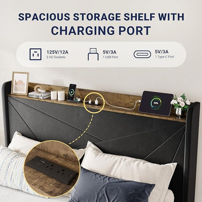 Allewie Full Size Velvet Bed Frame with 3 Storage Drawers, Upholstered Platform Bed with Wingback Storage Headboard and USB Ports, No Box Spring Needed, Easy Assembly, Black
