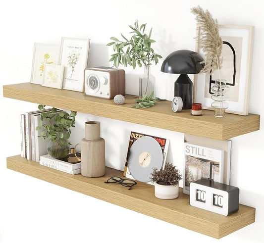 Heimlove 48 Inch Floating Shelves for Wall 8 Inch Deep Oak Shelves Set of 2,Wall Mounted Rustic Wood Long Floating Shelf，Large Display & Storage Shelf with Invisible Brackets
