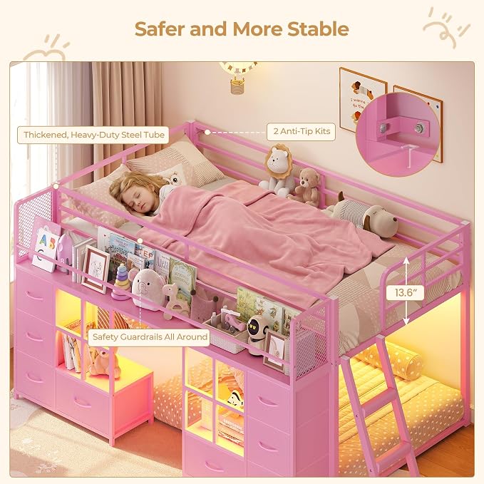 BTHFST Low Bunk Bed Twin Over Twin with 8 Fabric Drawers & Bookshelf, Twin Bunk Beds with RGB LED Lights, Windows, Metal Bunk Beds for Kids with Slanted Ladder & Safety Guardrails, Space Saving, Pink
