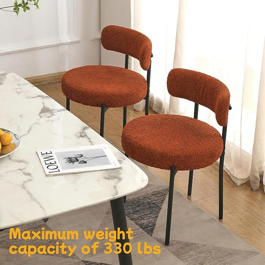 EDWELL Orange Dining Chairs Set of 4, Mid-Century Modern Dining Room Chairs with Thick Cushion, Round Upholstered Boucle Chairs for Kitchen, Living Room, Armless Kitchen Chairs with Black Metal Legs