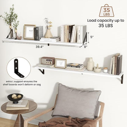 Axeman 40 Inch Floating Shelves | 8 Inch Deep White Wall Shelves Set of 2 | 39.4" W x 8" D Rustic White Wood Shelves for Bathroom Kitchen Living Room