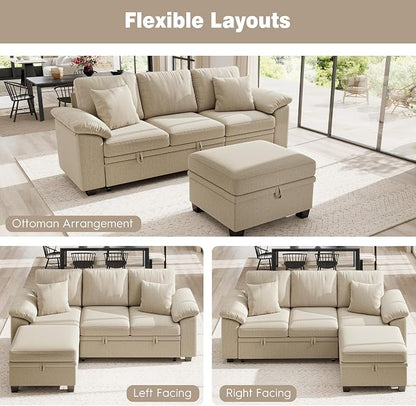 Ihanherry 86" Modular Sectional Sofa with Pull Out Bed, 4-Seater L Shaped Sectional Sleeper Couch with Storage Ottoman, Chenille Convertible Couches for Living Room, Apartment (Sand)