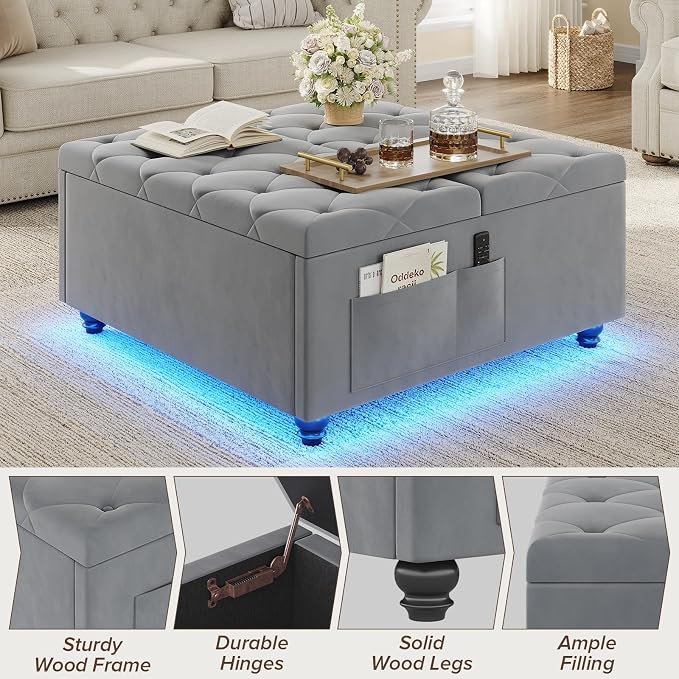 Dnxao Large Square Storage Ottoman with Lift Top,Tufted Velvet Ottoman Coffee Table with Charging Station and LED Lights,Multi-Functional Footrest with Storage Pockets & Tray for Living Room,Gray