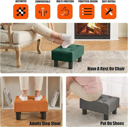 BRIAN & DANY Small Foot Stool, Velvet Foot Stools with Legs, Stable Small Footstool for Living Room, Green