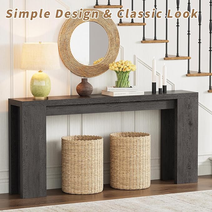 70.9 Inch Extra Long Console Table, Farmhouse Entryway Table with Thickened Base, Wood Sofa Table Behind Couch Table, Narrow Entryway Accent Table for Living Room, Hallway, Entrance, Foyer, Black