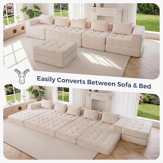 MAXYOYO Modular Sectional Sofa Couch, Foldable U Shaped Cloud Couch with Pillows, Tufted 6-Seat Boneless Lounger Sofa for Living Room, No Assembly Required, Beige
