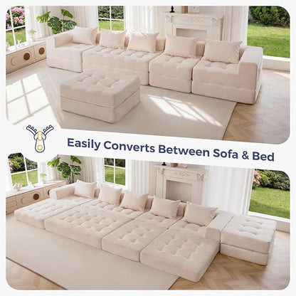 MAXYOYO Modular Sectional Sofa Couch, Foldable U Shaped Cloud Couch with Pillows, Tufted 6-Seat Boneless Lounger Sofa for Living Room, No Assembly Required, Beige