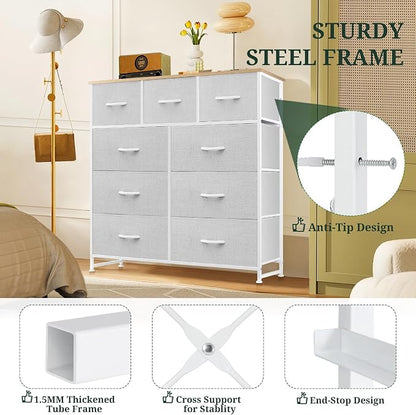 9-Drawer Dresser for Bedroom, Anti-Tip Tall Storage Organizer Chest of Drawers with Wooden Top and Metal Frame Fabric Bins for Closet, Living Room, Hallway, Entryway, Light Gray