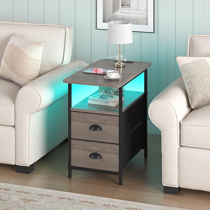 sthmec End Table with Charging Station, Narrow Side Table with 2 Drawers, LED Nightstands with Drawers, USB Ports & Power Oulets,Slim Sofa Side Tables for Small Spaces,Living Room,Bedroom, Grey