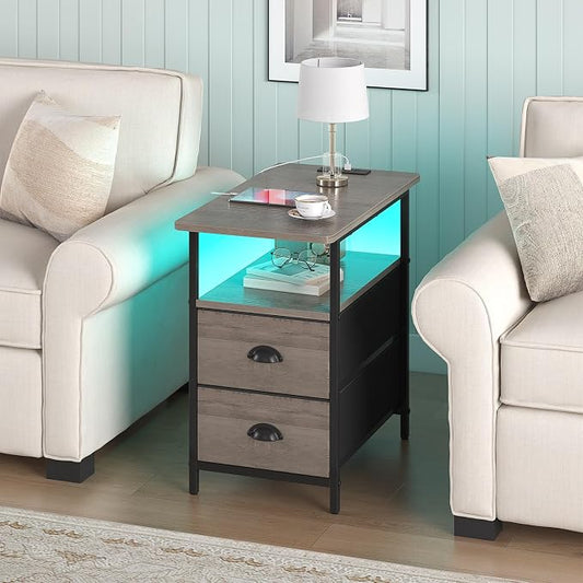sthmec End Table with Charging Station, Narrow Side Table with 2 Drawers, LED Nightstands with Drawers, USB Ports & Power Oulets,Slim Sofa Side Tables for Small Spaces,Living Room,Bedroom, Grey