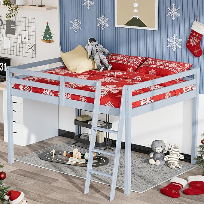 VINGLI Junior Low Loft Bed with Inclined Stairs,Gray Wood Loft Bed Full Size for Adults, Kids and Young Teens, No Box Spring Required,Wood Slat Support