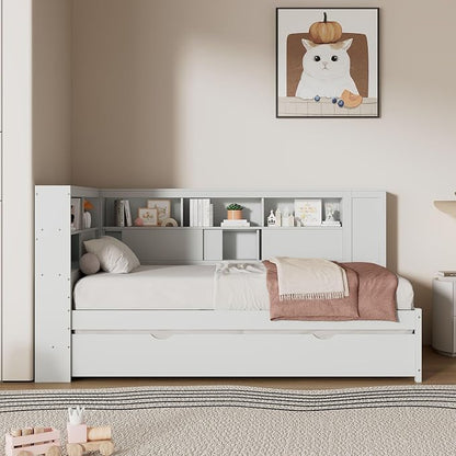 Bellemave Twin Corner Bed Frame with USB Ports, Wood Twin Size Daybed with L-Shaped Bookcase and Trundle，Daybed with Storage Cabinets, White