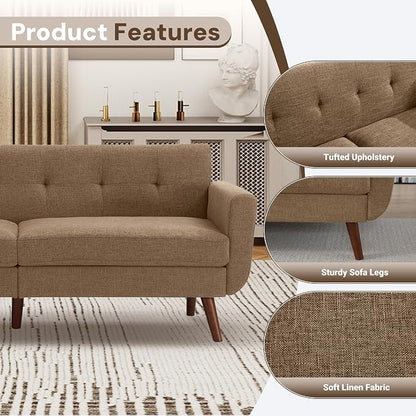 Tbfit 77.2" W Linen Sofa Couch, Mid Century Modern Decor Loveseat Couches for Living Room, Button Tufted Upholstered Small Couch for Bedroom, Solid, and Easy to Install Love Seats Furniture, Brown