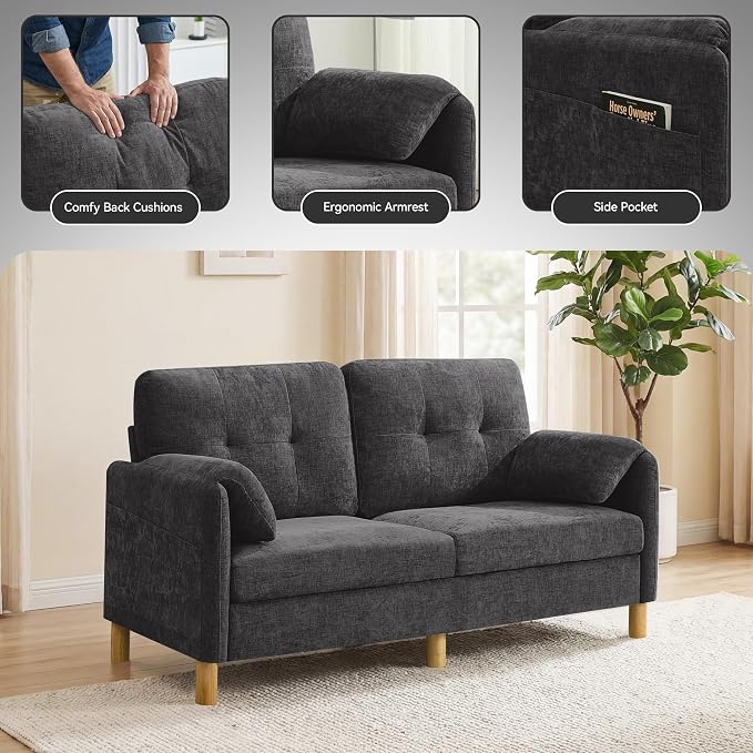 65" Loveseat Sofa, Mid Century Loveseat Couch for Living Room with Storage Pockets, Upholstered Small Loveseat for Small Spaces, Bedroom, Home Office, Apartments, Small Sofa Chenille Dark Grey
