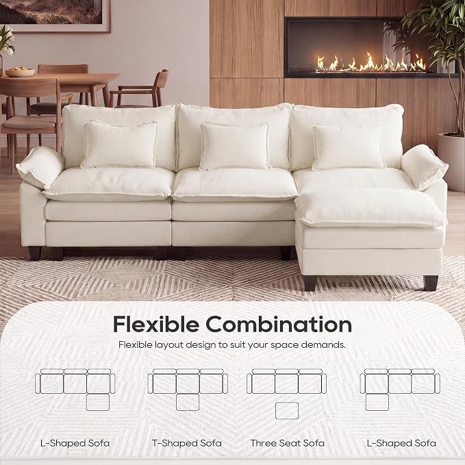 Oversized Modular Sectional Sofa, 122" L Shaped Modern Comfy Cloud Couch with Movable Ottoman & Pillows, Deep Seat Couches for Living Room, Bedroom or Apartment (Chenille Beige, 122" L Shaped)