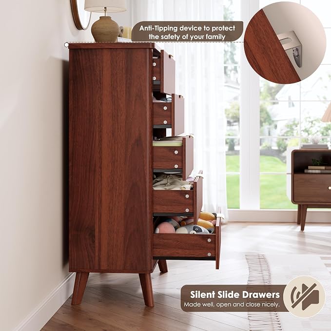GarveeHome Fluted Dresser for Bedroom with 5 Deep Drawers, 47.2 in Tall Chest of Drawers, Curved Profile Design, Modern Wooden Dresser, for Living Room, Kids Room, Hallway, Walnut
