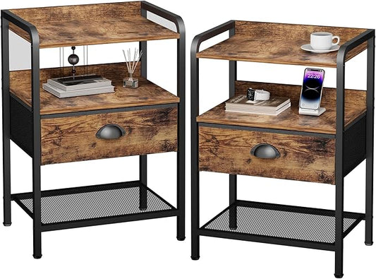 Nightstands Set of 2, Bedside Table with 1 Fabric Drawer, Open Mesh Shelf, End Table Side Table with Storage Drawer Dresser, Wear-Resistant Metal Frame, Bedroom, Rustic Brown